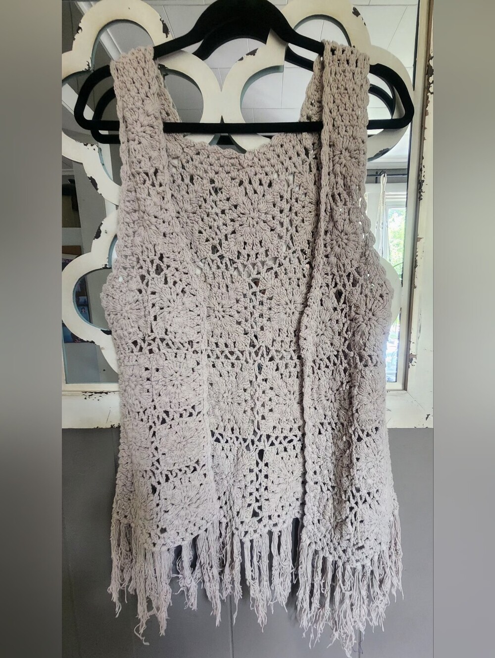 Crochet Fringe Tank Sweater Vest - Light Taupe